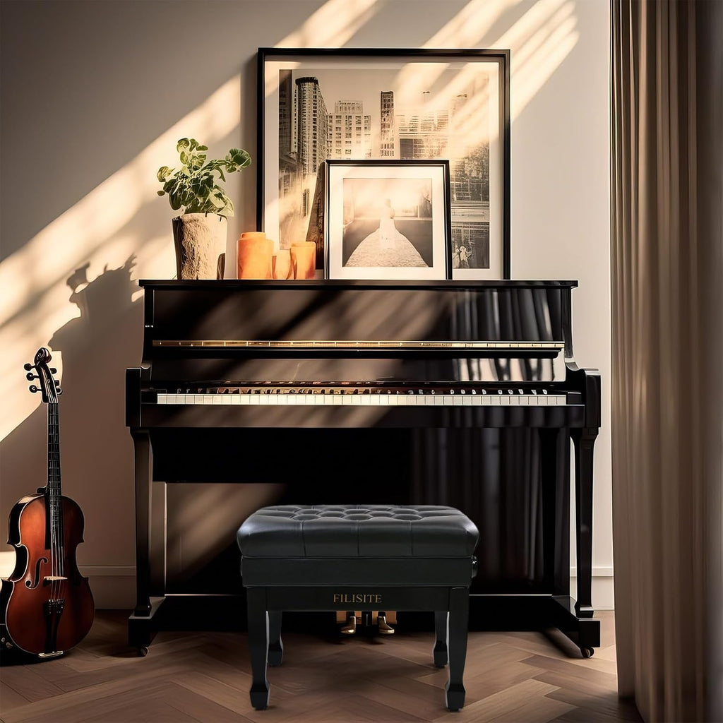Adjustable Height Piano Bench with Storage, Heavy Duty Solid Wood Piano Stool Keyboard Bench with PU Leather Padded Cushion(Black)