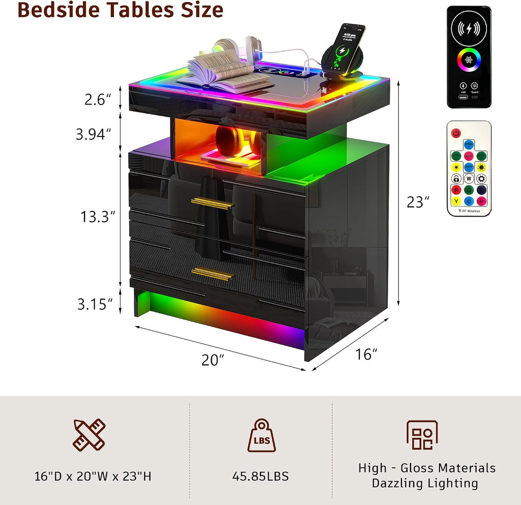 WOOVIVS Nightstand with 24 Colorful Lighst, LED Night Stand with Wireless+USB+Type-C Charging Station, Smart Bedside Table with 2 Drawer,Remote,High Gloss Side Table for Bedroom -Black