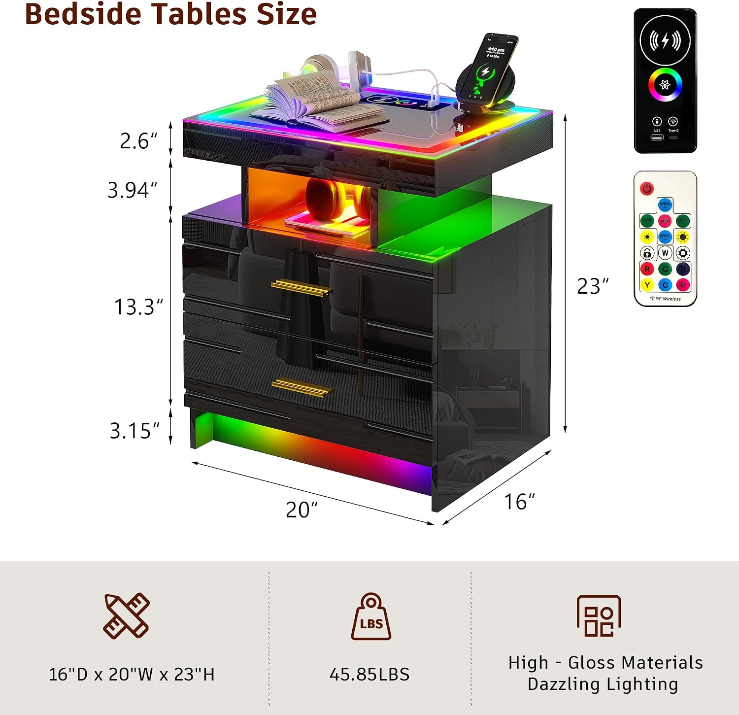 WOOVIVS Nightstand with 24 Colorful Lighst, LED Night Stand with Wireless+USB+Type-C Charging Station, Smart Bedside Table with 2 Drawer,Remote,High Gloss Side Table for Bedroom -Black