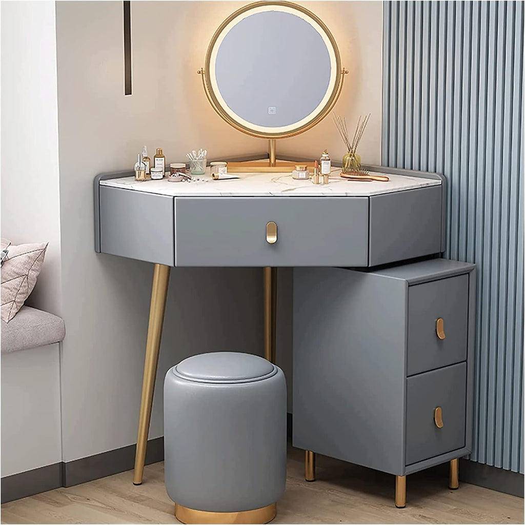 Vanity Desk Corner Design Makeup Vanity Set with Lighted Mirror Vanity Table Cabinet and Cushioned Stool Dressing Table,Gris,Gris