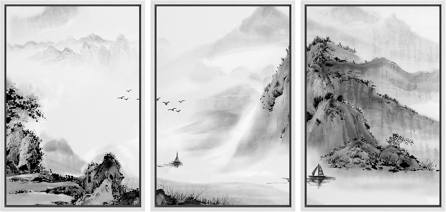 wall26 Framed Canvas Print Wall Art Set Black & White Chinese Ink Rainforest Nature Wilderness Illustrations Modern Art Cultural Scenic Relax/Calm for Living Room, Bedroom, Office - 16'x24'x3 White