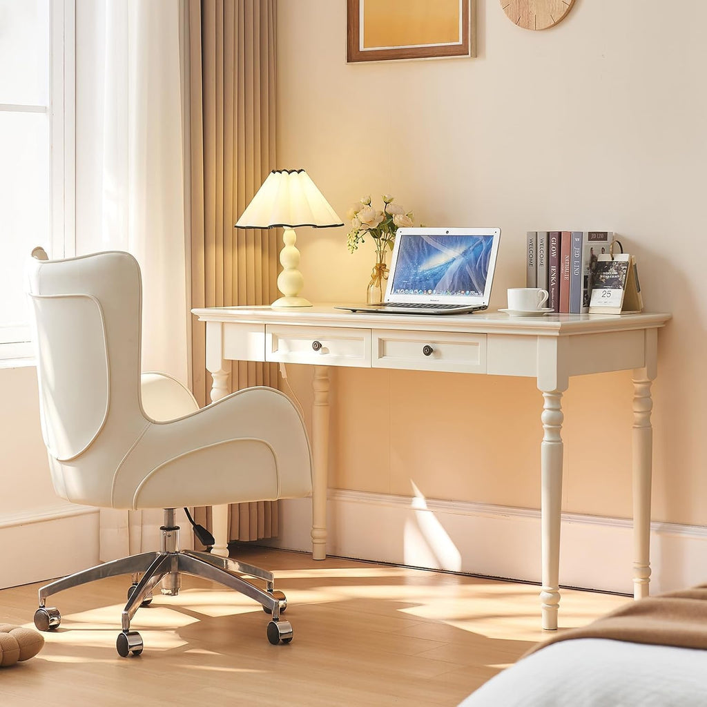 French Country Style Writing Desk, Writing Table with Double Drawer Storage, 47'' Long Solid Wood Farmhouse Computer Table, 30' High Vanity Dressing Desk, Rounded Table Corners,for Office or Workspace