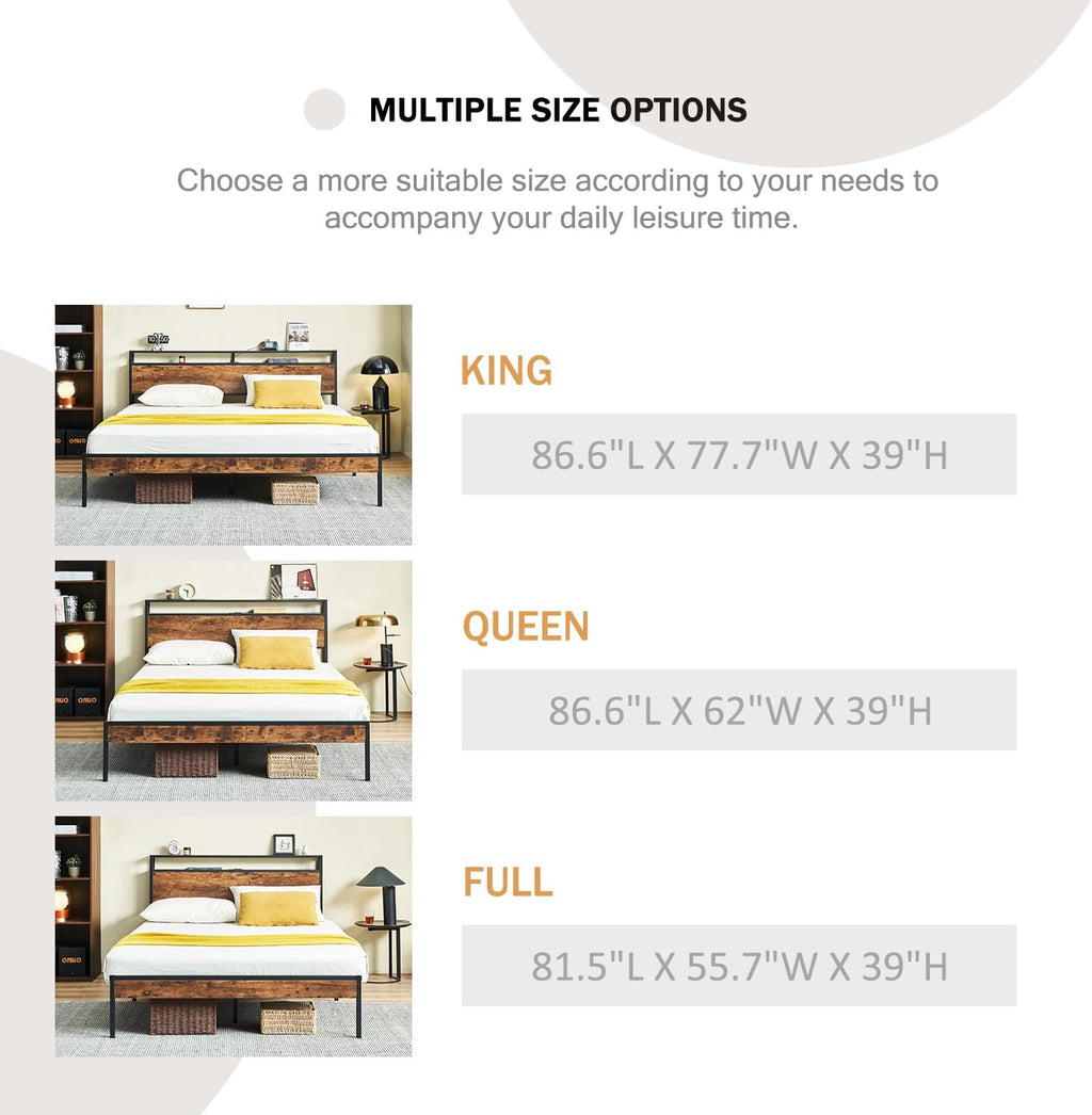 King Bed Frame with Headboard, Metal Platform Bed Frame King Size with Charging Station, 2-Tier Storage Headboard, No Box Spring Needed, Easy Assembly, Brown