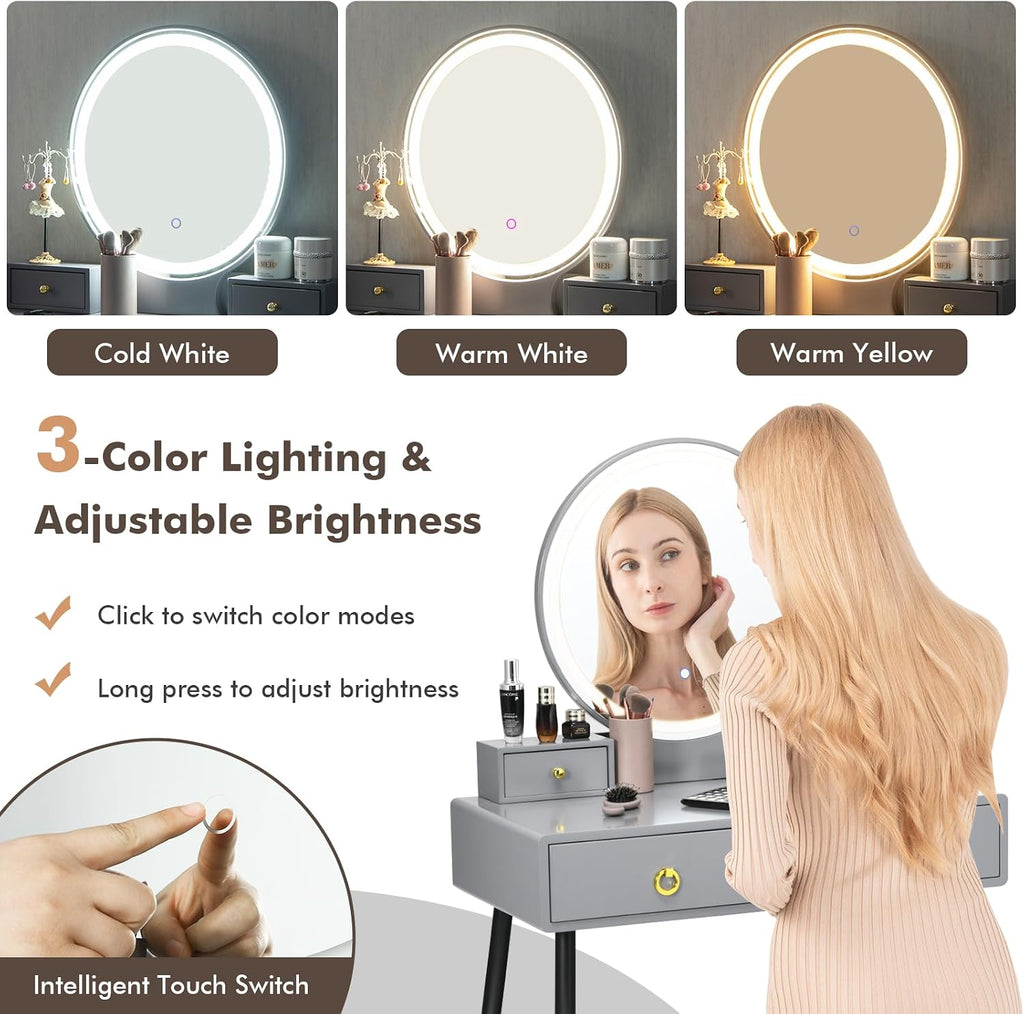 COSTWAY Vanity Table Set with Mirror and Lights, Makeup Dressing Table w/ 3 Color Lighting Modes & Adjustable Brightness, Vanity Mirror with Desk and Cushioned Stool for Women Girls (Grey & Black)