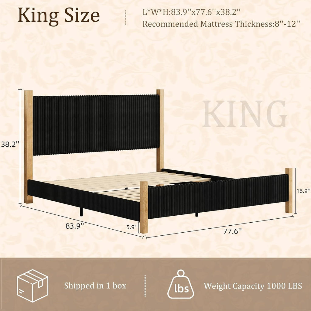 HOMBCK King Size Bed Frame with Headboard, Corduroy Upholstered King Bed Frame Wood, No Box Spring Needed, 4 Solid Wood Support, Noise-Free, Easy Assembly, Black