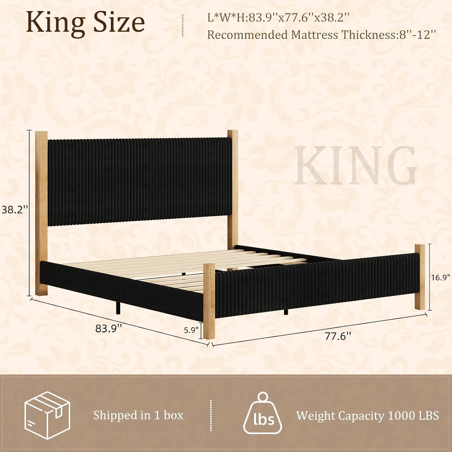 HOMBCK King Size Bed Frame with Headboard, Corduroy Upholstered King Bed Frame Wood, No Box Spring Needed, 4 Solid Wood Support, Noise-Free, Easy Assembly, Black