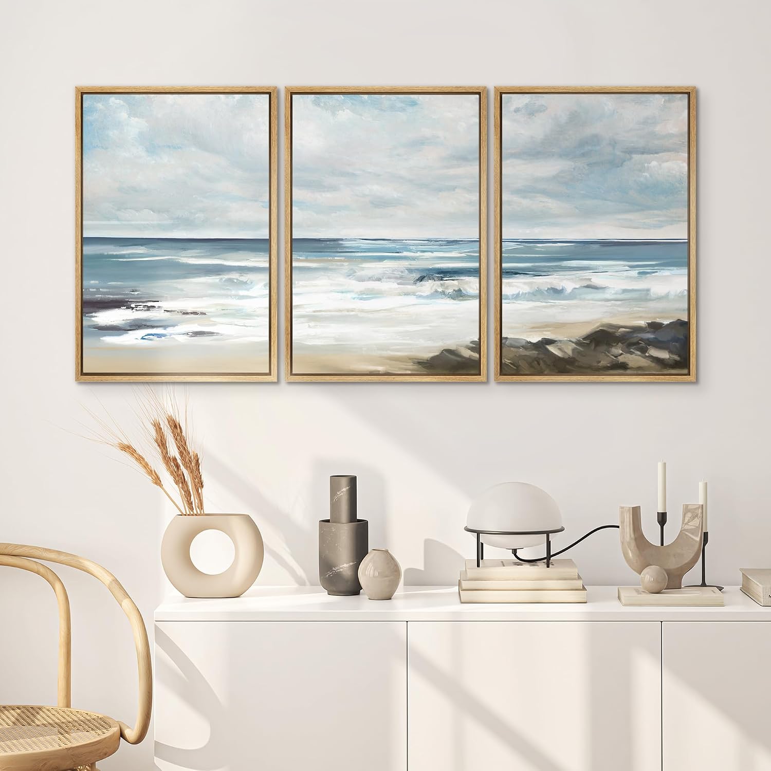 SIGNWIN Framed Canvas Print Wall Art Set Teal Sky Ocean Wave Beach Shore Nature Wilderness Illustrations Modern Art Decorative Scenic Rustic Zen for Living Room, Bedroom, Office - 16'x24'x3 Natural