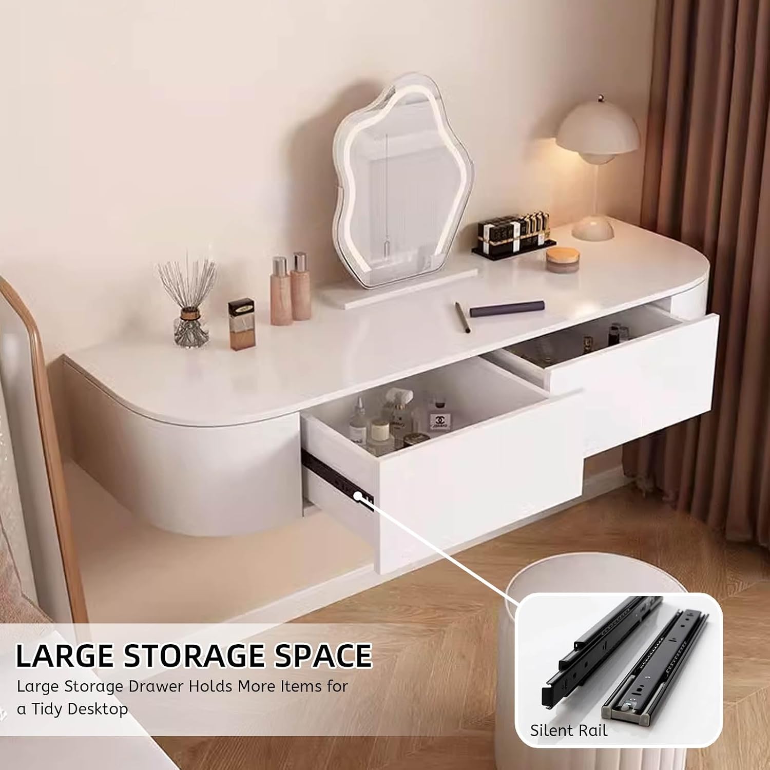 Floating Vanity Makeup Table White Wall Mounted Dressing Table Dresser With Mirror Floating Corner Desk For Bedroom Hanging Desk With Drawers Small Space Vanity With Lighted Mirror Shelf Wall-mounted(