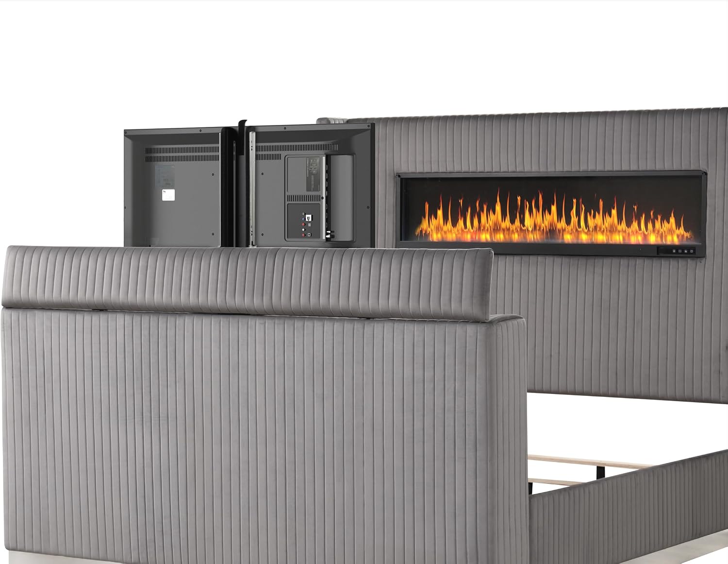 Lavish Modern Style 5 Pc King Bedroom Set Made with Fireplace in Headboard TV Stand in Footboard with Wood in Grey