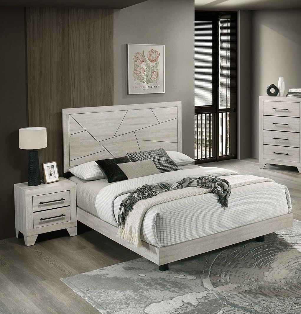 3pc Eastern King Bed 2X Nighttand Set Metal Handles Central Metal Glides Platform Bed Light Gray Finish Bedroom Furniture