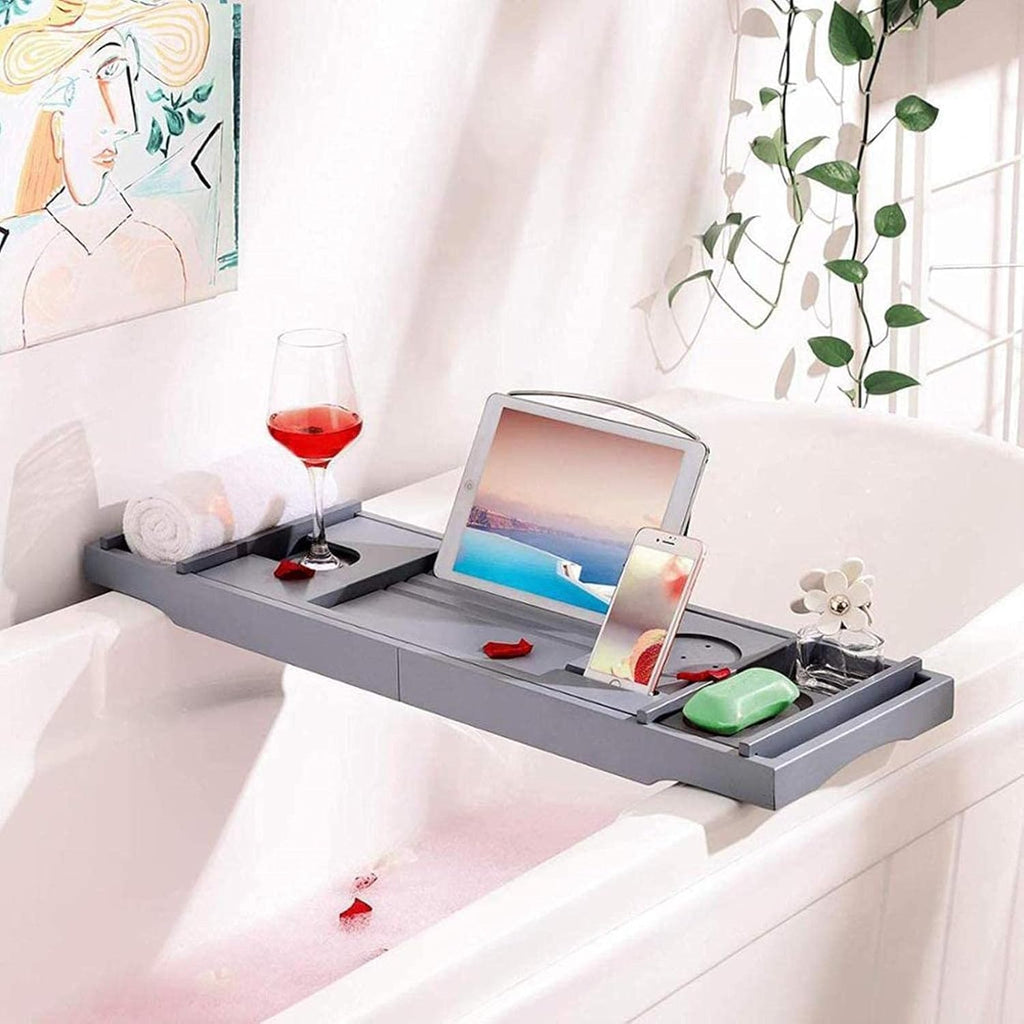 Bamboo Bathtub Caddy Tray with Glass Holder Expandable Design for Most Bathtubs Sturdy Stylish and Pink 75 110 * 23 * 5cm