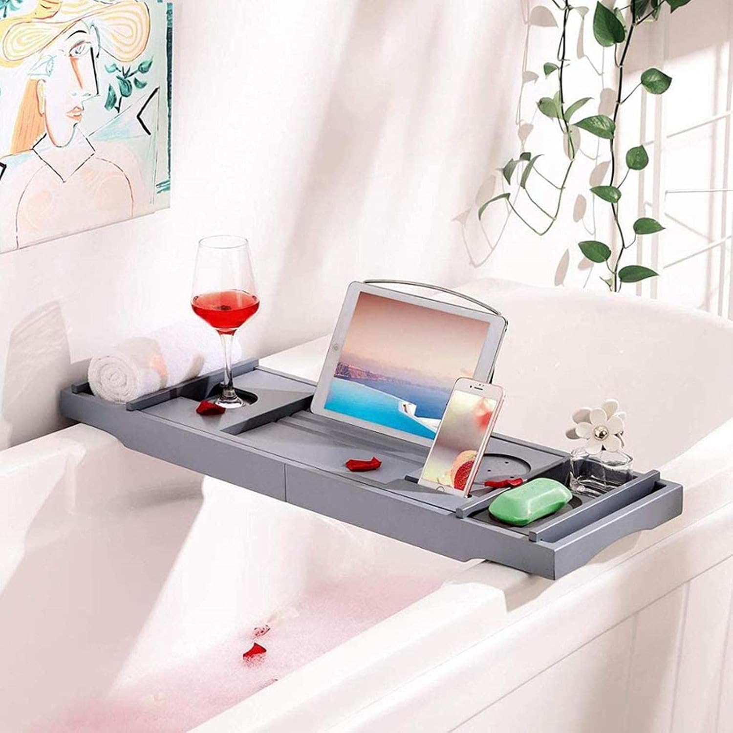 Bamboo Bathtub Caddy Tray with Glass Holder Expandable Design for Most Bathtubs Sturdy Stylish and Pink 75 110 * 23 * 5cm