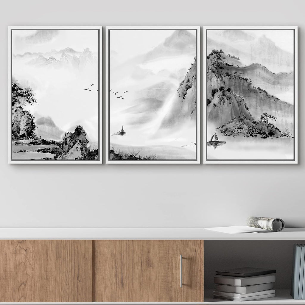 wall26 Framed Canvas Print Wall Art Set Black & White Chinese Ink Rainforest Nature Wilderness Illustrations Modern Art Cultural Scenic Relax/Calm for Living Room, Bedroom, Office - 16'x24'x3 White