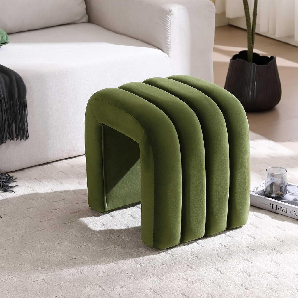 Flouki Ottoman Foot Stool with Channel Tufted, Small Ottoman Bench for Entryway, Modern Velvet Vanity Stool Chair, Upholstered Foot Rest Extra Seat for Living Room (Green, Set of 2)