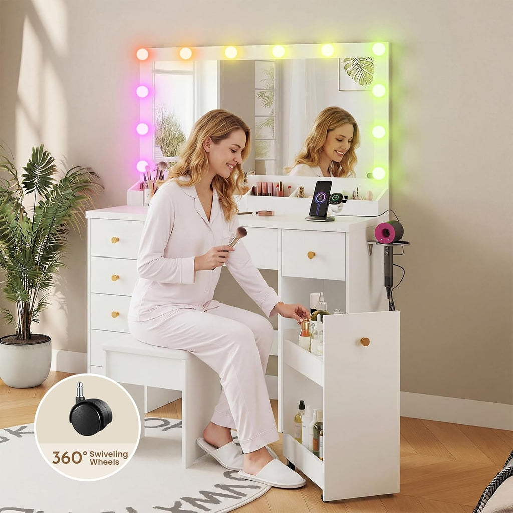 LAKEMID White Vanity Desk with Mirror and Lights, Makeup Vanity Table with Outlet and 8 Drawers,Makeup Table with 20 Color RGB Led Lights,Dressing Table for Bedroom Women