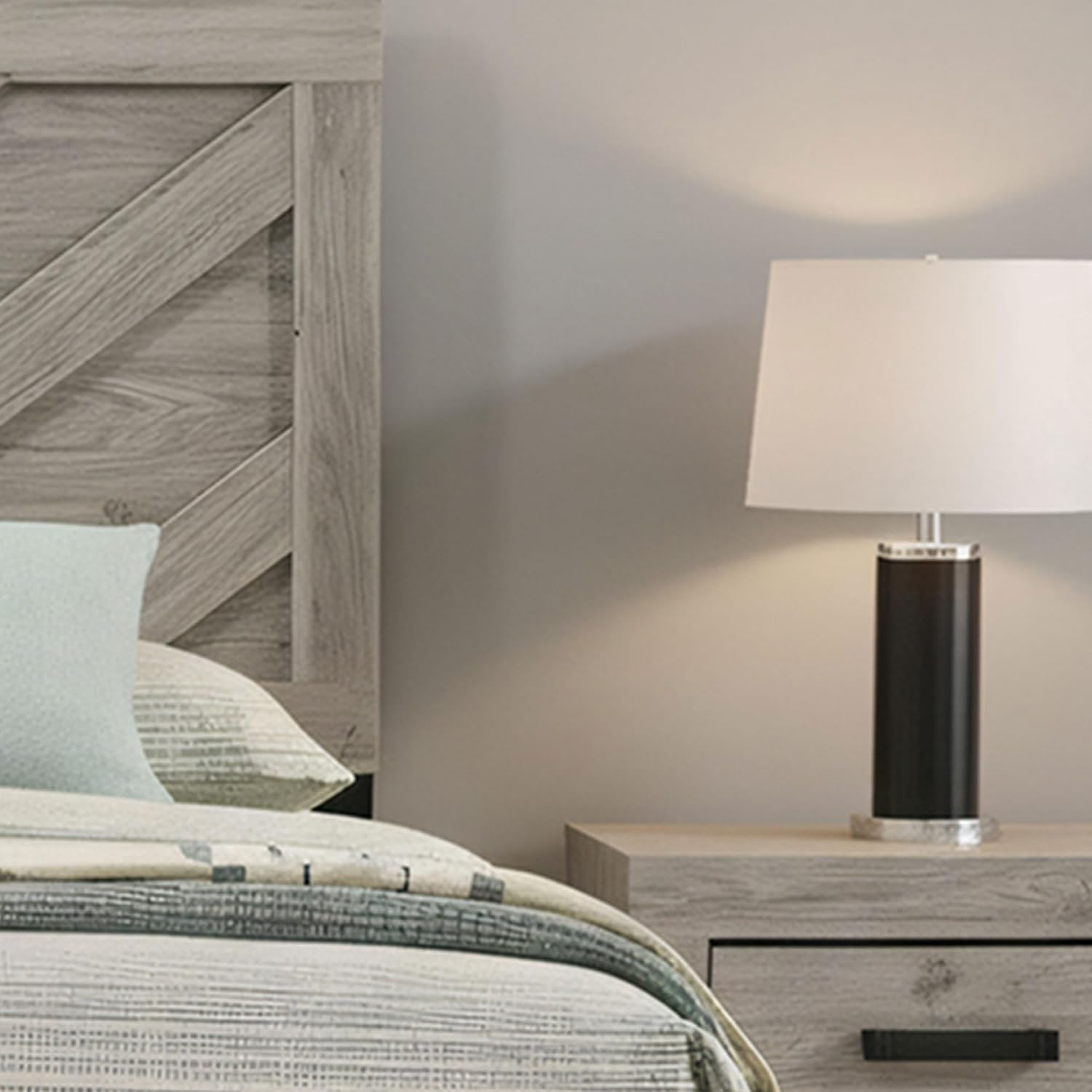 Kings Brand Furniture Napa Farmhouse 2-Piece Bedroom Set - Light Grey and Slim-Profile Design Wood Bed Frame with 1 Nightstand (King)