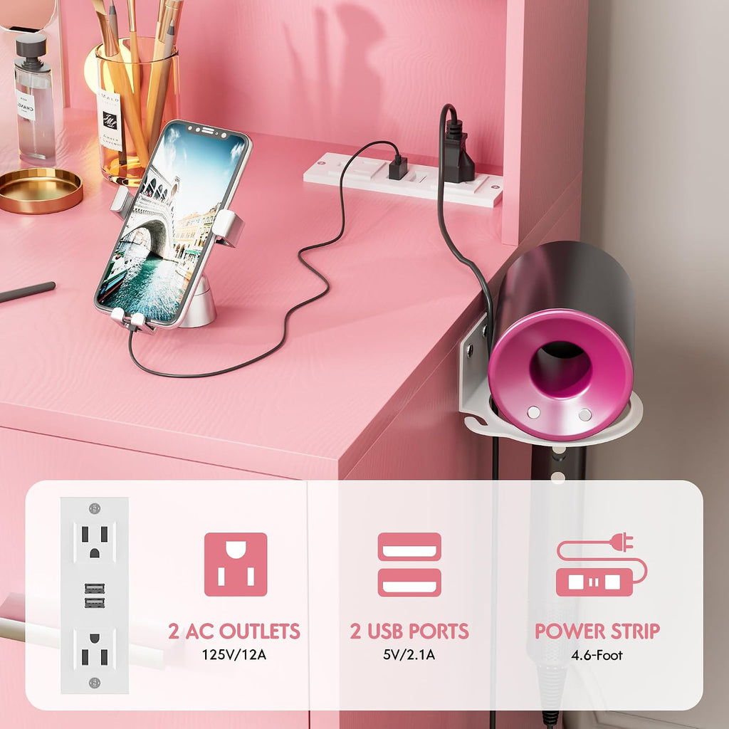 VICTONE Vanity Desk with LED Lighted Mirror&Power Outlet, 3 Model Lights Makeup Vanity Table with 7 Drawers and 6 Storage Shelves for Bedroom and Dressing Room (Light Pink)