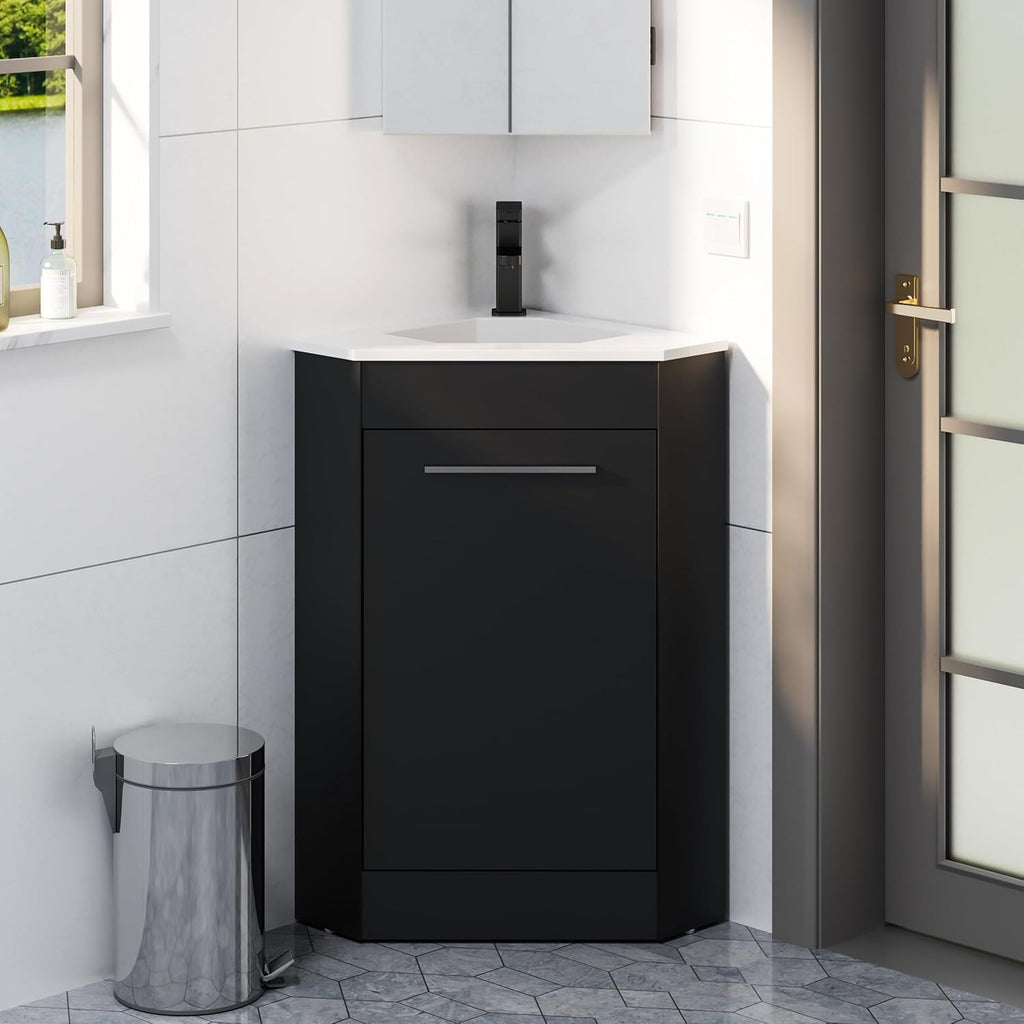 eclife 26' Corner Bathroom Vanity Sink Combo for Small Space Freestanding Storage Cabinet with White Resin Sink and Matte Black Faucet, Black