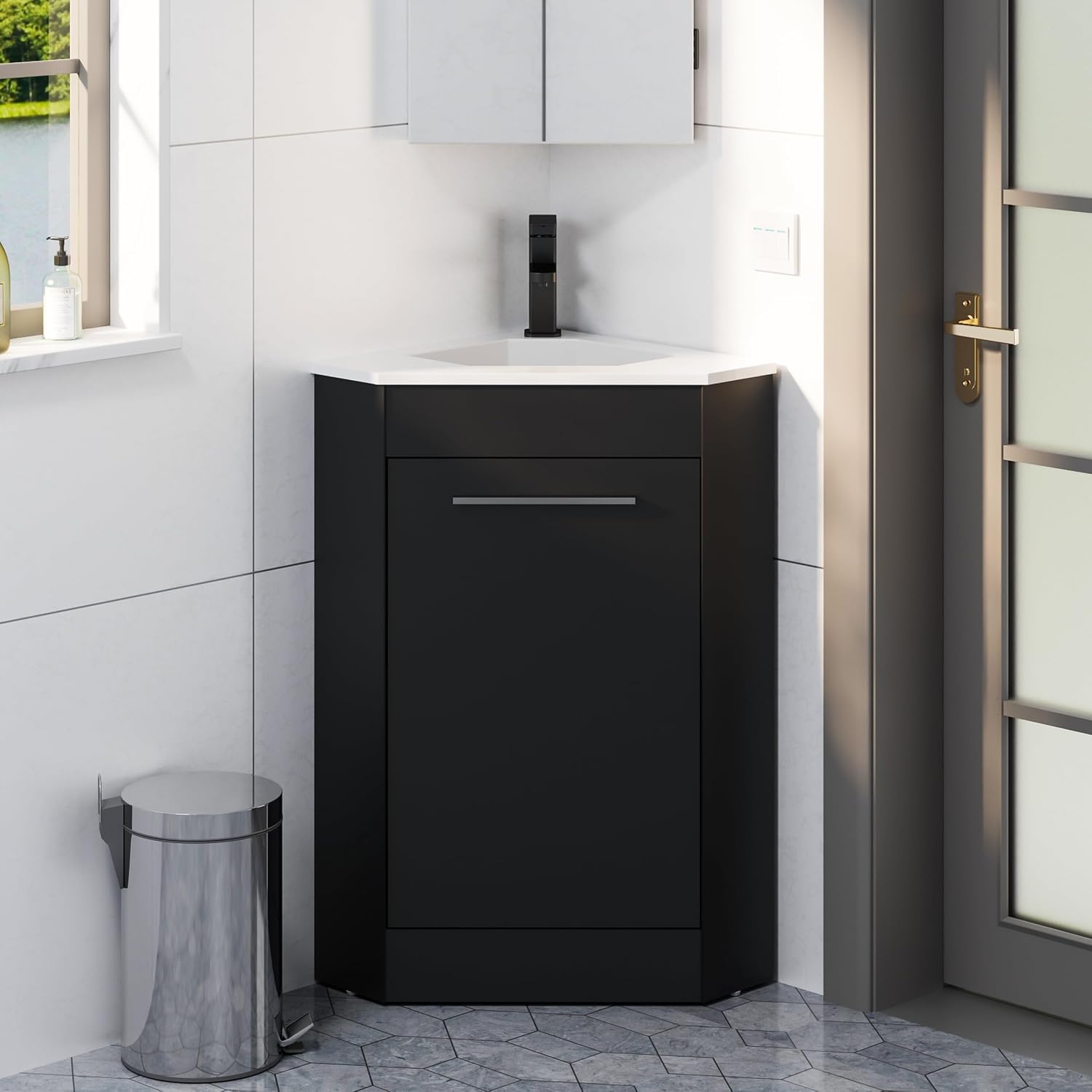 eclife 26' Corner Bathroom Vanity Sink Combo for Small Space Freestanding Storage Cabinet with White Resin Sink and Matte Black Faucet, Black