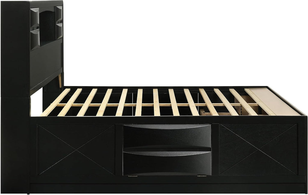 King Storage Bed, Platform Bed, Bookcase Headboard, Black Wood, 4 Footboard Drawers, Right Side Drop Down Door, No Foundation Required, Eastern King Bed Frame