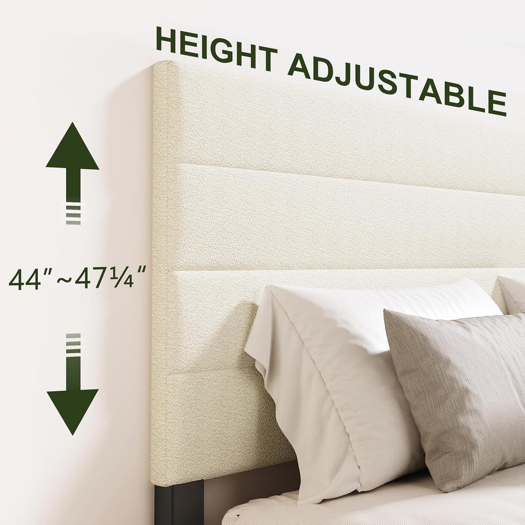 Furnihome Queen Bed Frame, Modern Sherpa Upholstered Bed Frame with Adjustable Headboard, Wooden Slats Support Platform Queen Size Bed Frames, No Box Spring Needed,Easy Assembly,Cream