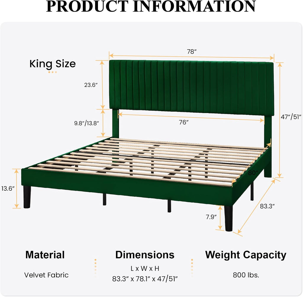 SHA CERLIN King Upholstered Platform Bed Frame with Vertical Channel Tufted Velvet Fabric Adjustable Headboard, Wooden Slats Support, Mattress Foundation, Box Spring Optional, Green