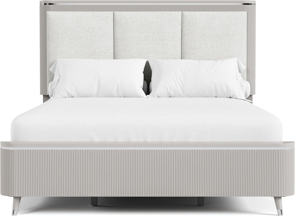 Furniture of America Vito Modern Solid Wood 2-Piece Bedroom Set with Upholstered Bed, Cultered Stone Top, Felt-Lined Top Drawer, Metal Side Glide on Nightstand, Box Spring Required, Queen, Light Gray