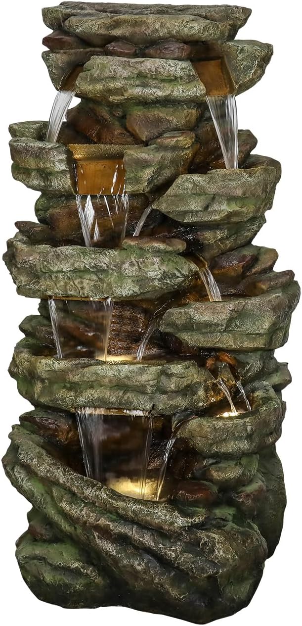 SunJet 59' High Multi-Tiers Cascading Rock Outdoor Water Fountain with LED Lights - Large Outdoor Fountains and Waterfalls for Garden or Patio, Yard, and Deck Decor, Featuring Natural Stone Look