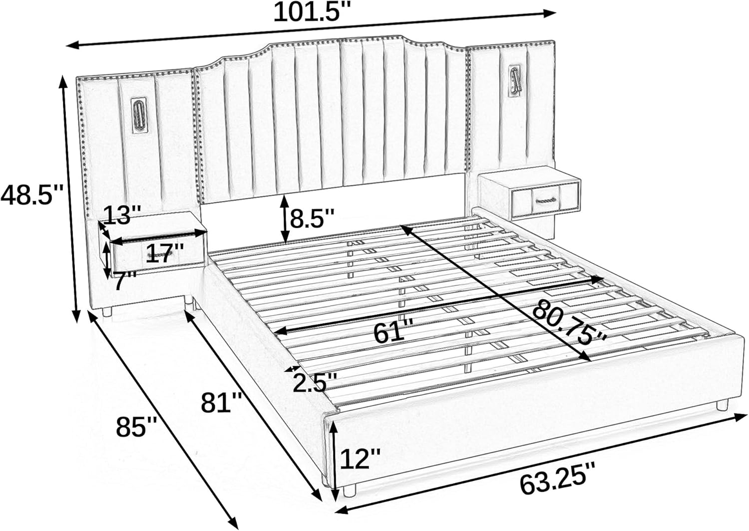 Velvet Upholstered Queen Size Platform Bed Frame with 48' Tall Headboard, Built-in Nightstands & Storage Drawers, No Box Spring Needed, Modern Gray Bedroom Furniture Set (Gray, Queen)