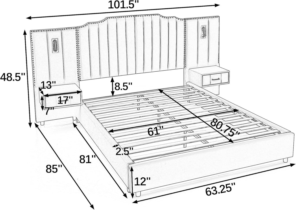 Velvet Upholstered Queen Size Platform Bed Frame with 48' Tall Headboard, Built-in Nightstands & Storage Drawers, No Box Spring Needed, Modern Beige Bedroom Furniture Set