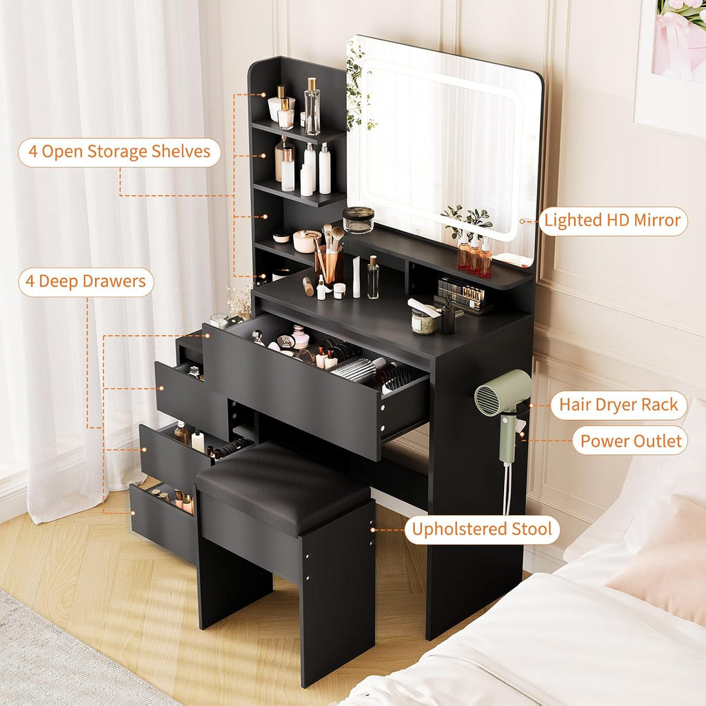Vanity Set with Mirror and Adjustable Lights, Makeup Vanity Table with Built-in Charging Station, Vanity Desk with 4 Drawers, 4 Shelves, Vanity Bench for Bedroom-Black