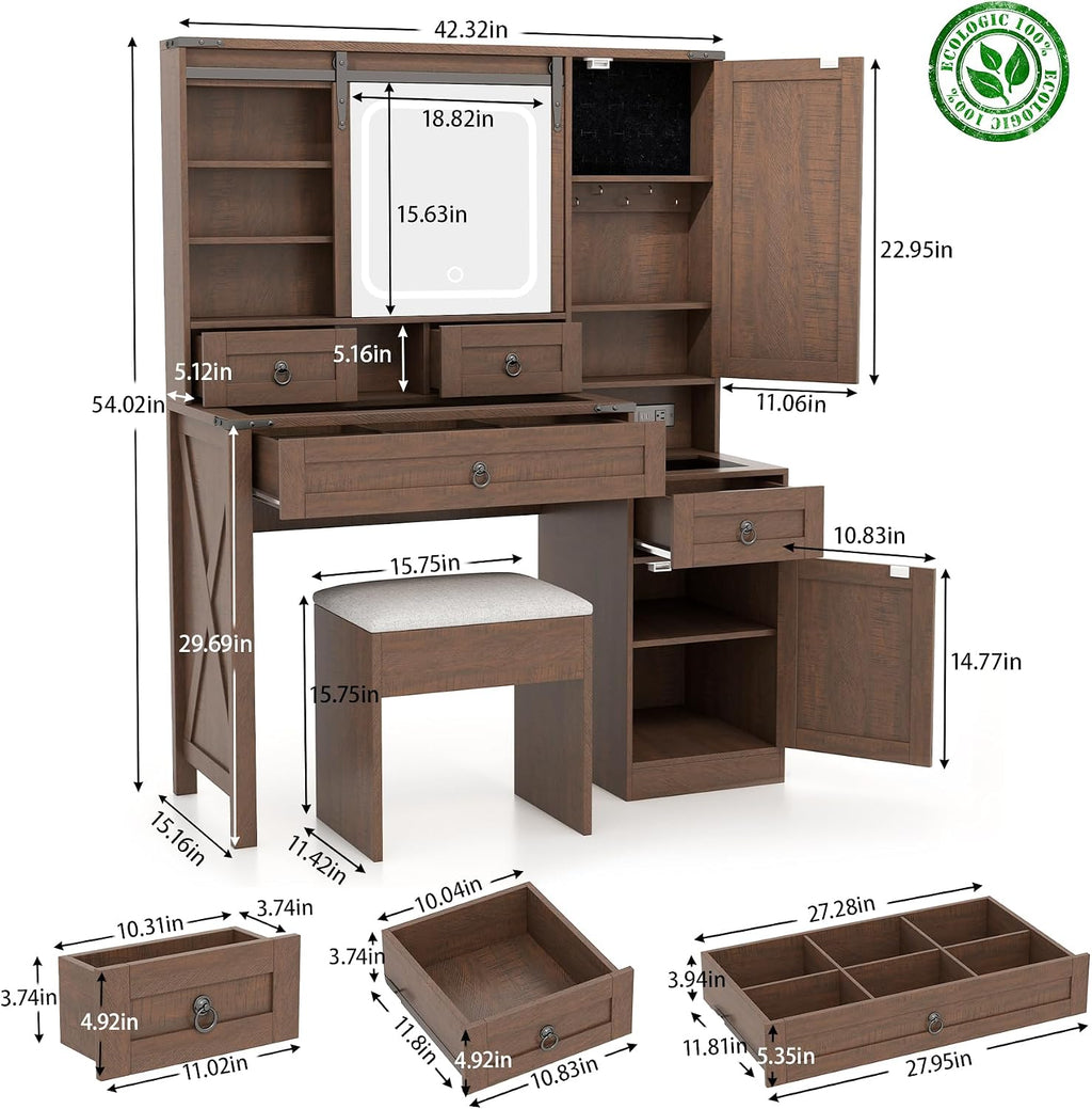 Farmhouse Vanity Desk with Mirror and Lights, 42' Glass Top Makeup Vanity with Charging Station & Jewelry Cabinet, 4 Drawers, Adjustable Shelves & Stool, Vintage Brown