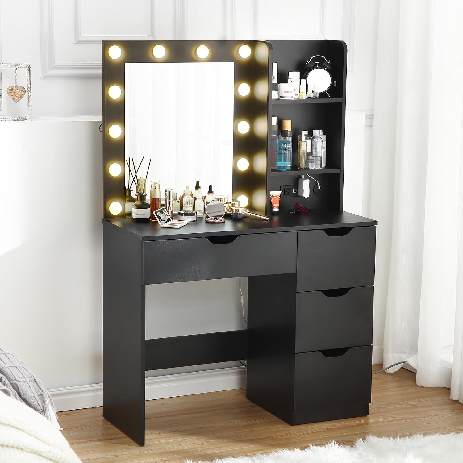 Modern Vanity Makeup Desk with Vanity Mirror, Built-in Lights, 4 Drawers, Crystal Ball Knobs, Power Outlet, White Makeup Desk for Bedroom