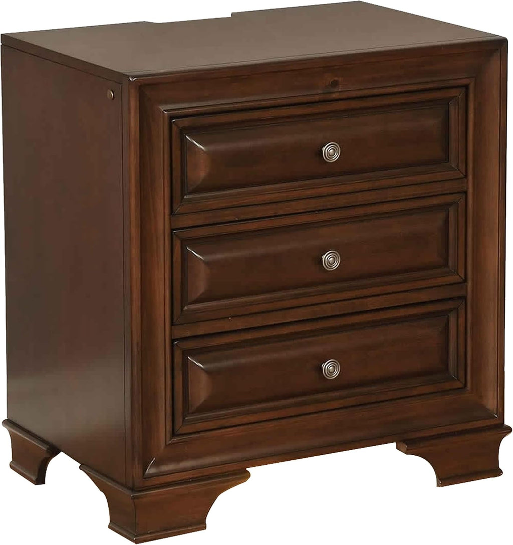 Benjara Lio Four PC King Size Bedroom Set - Cherry Brown Wood Inlay/Silver