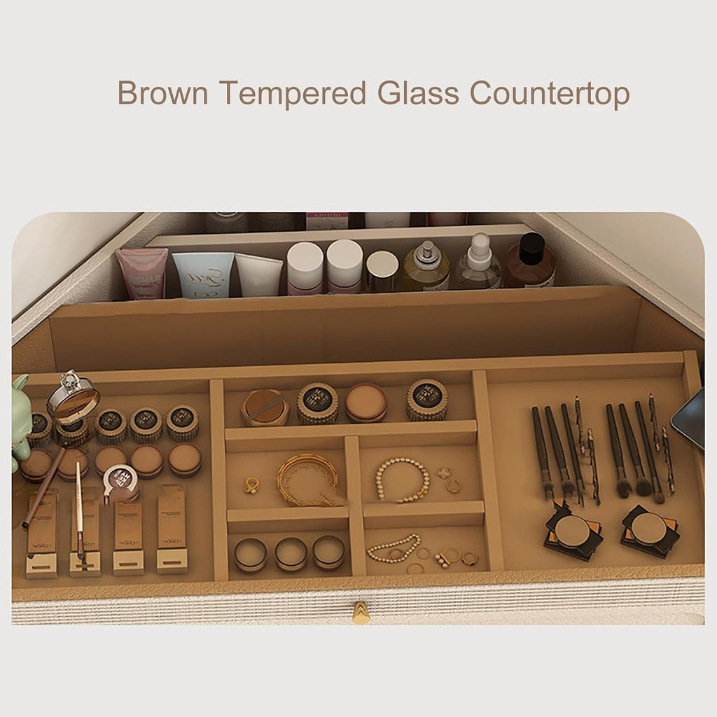 Nordic Wall-Mounted Floating Vanity Desk, Corner Hanging Table with Tea-Tinted Glass Top and Recessed Storage for Small Bedrooms(60cm/23.6in)