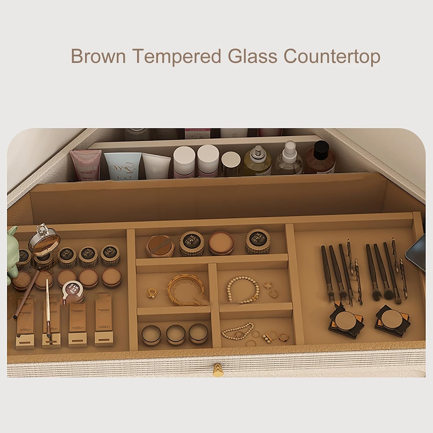 Nordic Wall-Mounted Floating Vanity Desk, Corner Hanging Table with Tea-Tinted Glass Top and Recessed Storage for Small Bedrooms(60cm/23.6in)