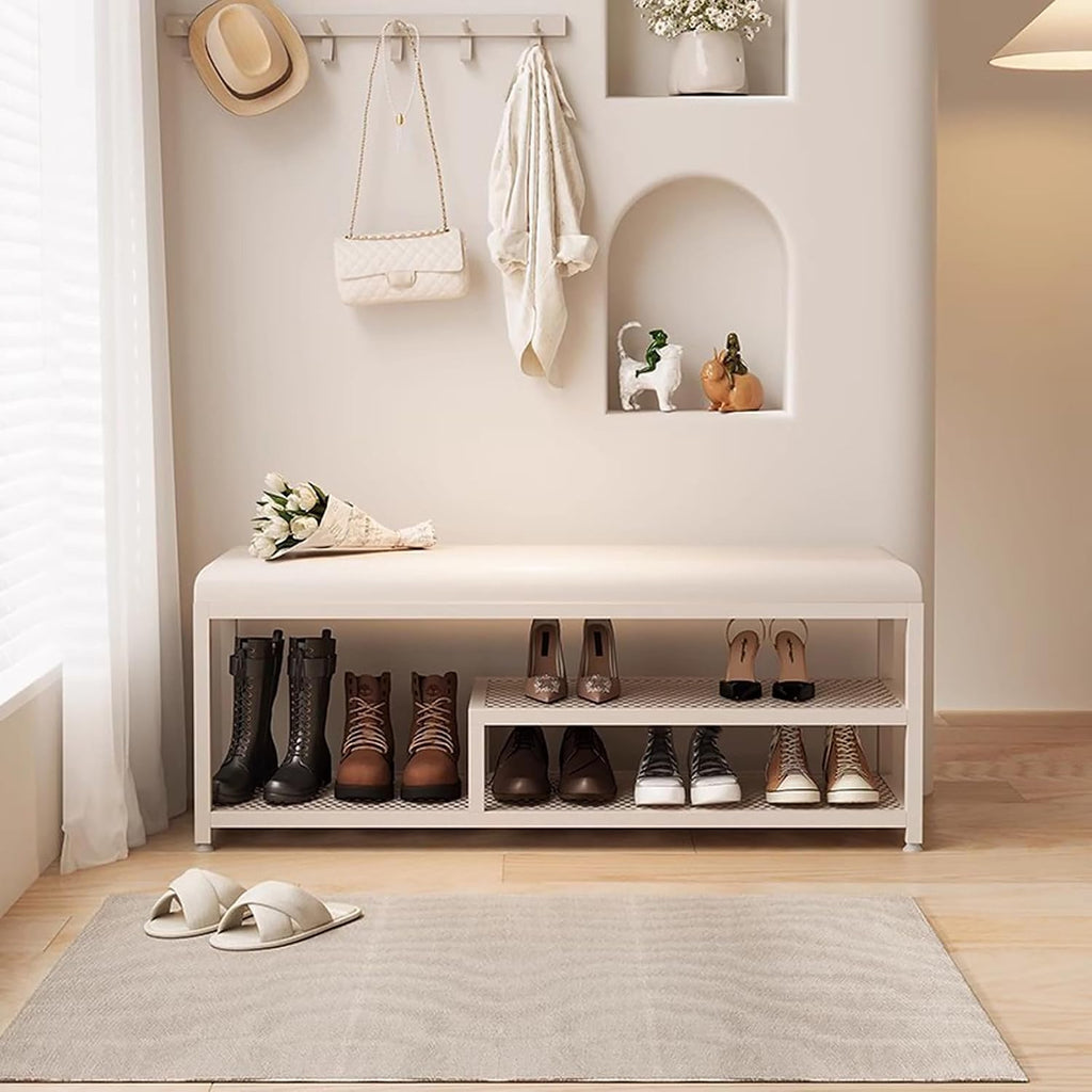 Entryway Bench with Storage, White PU Leather Seat and Metal Frame, Perfect for Hallway, Bedroom, Corner, Window Seat, Stylish Shoe Rack nizer