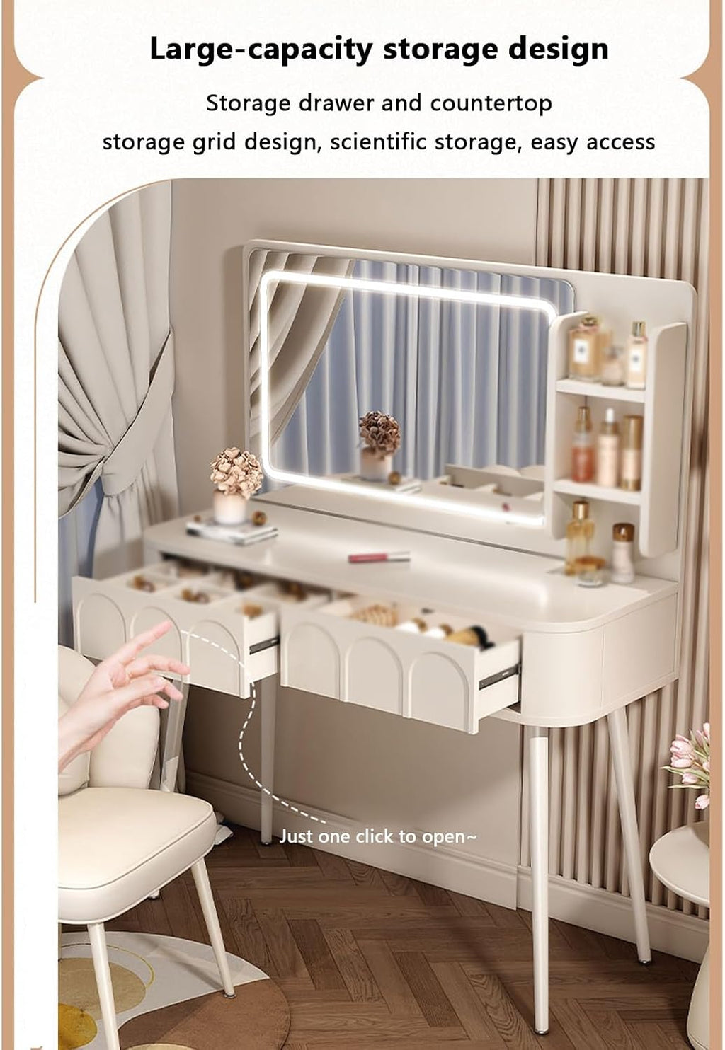 White Vanity with Lighted Mirror Vanity Desk with Lights Small Vanity Desk Smart Makeup Mirror Reasonable partition Rounded Corner Design Large Storage Capacity Suitable,A-60 * 40 * 77.5 cm