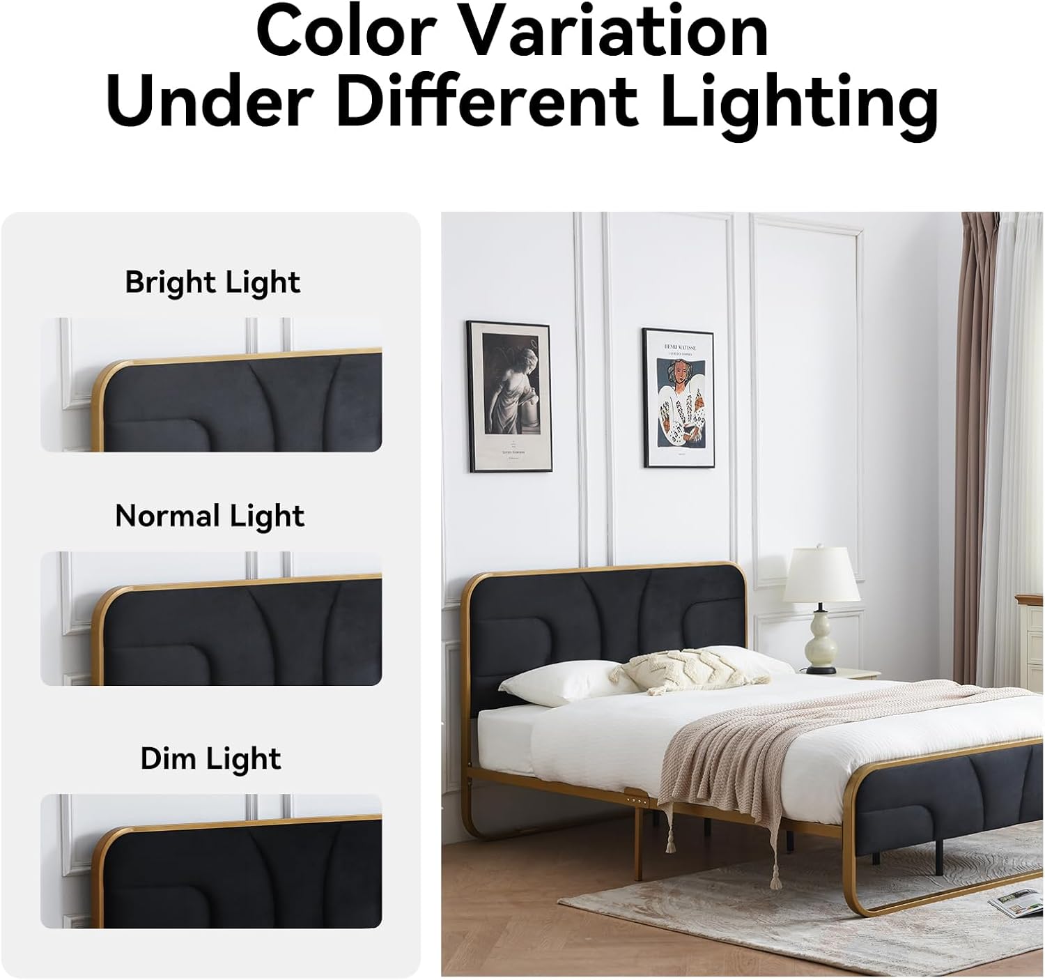 VELOCAVA Rounded Metal Upholstered Bed Queen with Unique Headboard, Soft Velvet Platform Bed Storage Supported by Metal Base and Wooden Slats, No Box Spring Needed,Gold & Black