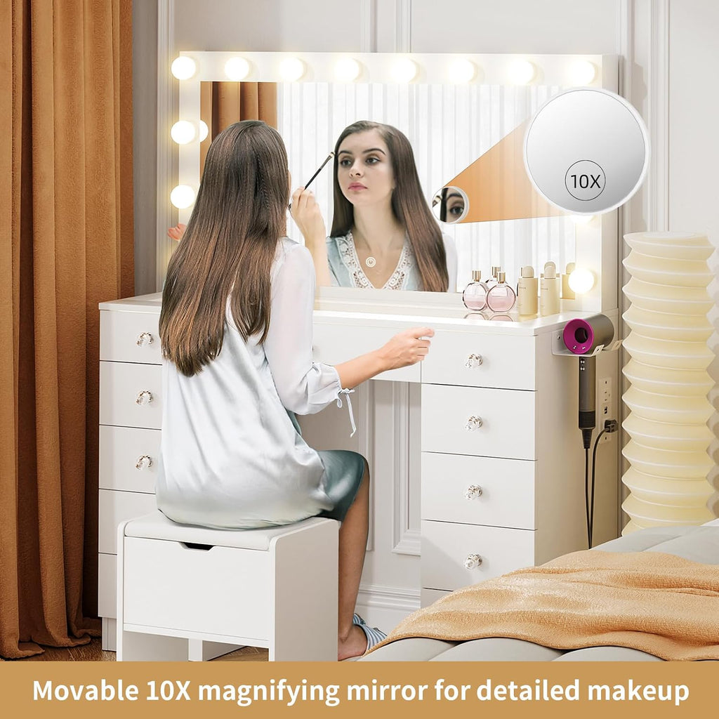 VOWNER Vanity with Lighted Mirror - Makeup Vanity Desk with Glass Top and 11 Drawers, 3 Color Lighting Modes Adjustable Brightness, 46' Vanity Table with Soft Cushioned Stool for Bedroom, White