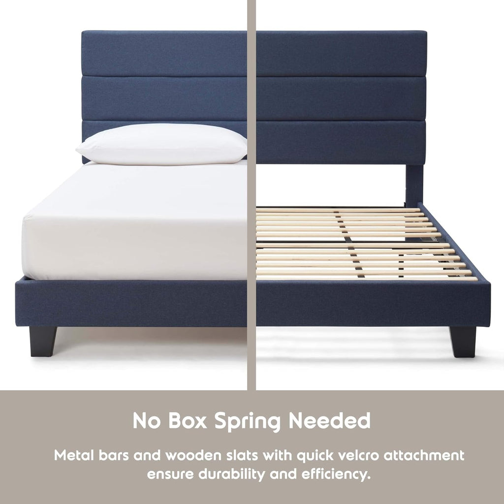 Hearth & Harbor Queen Bed Frame with Headboard – Linen Platform Bed Frame Queen Size, Horizontal Channel Upholstered Bed Frame Queen, Modern Bedframe with Wooden Slats, No Box Spring Needed, Navy