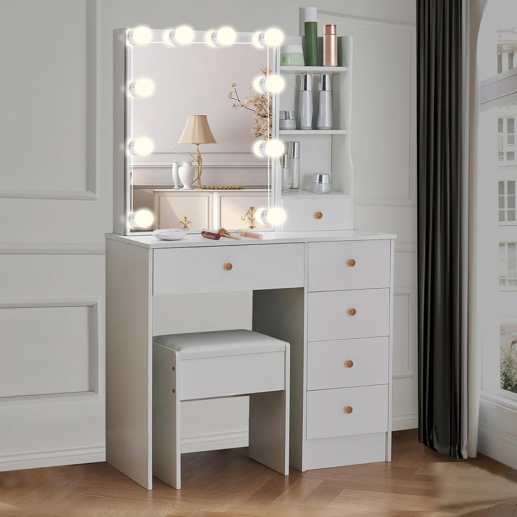 Vanity Mirror with Lights Desk and Chair, 5 Drawers and Cabinet, Makeup Table with Large HD Mirror Makeup Desk, 3 Lighting Modes, White Makeup Table with Stool