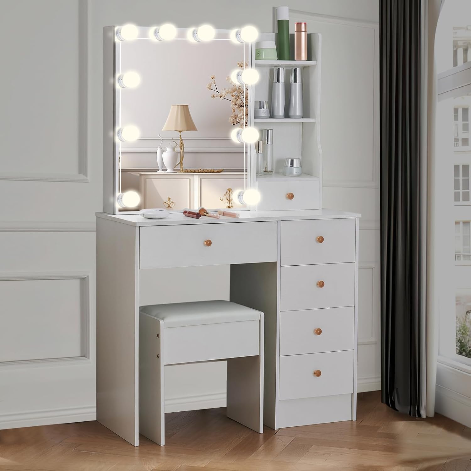 Vanity Mirror with Lights Desk and Chair, 5 Drawers and Cabinet, Makeup Table with Large HD Mirror Makeup Desk, 3 Lighting Modes, White Makeup Table with Stool