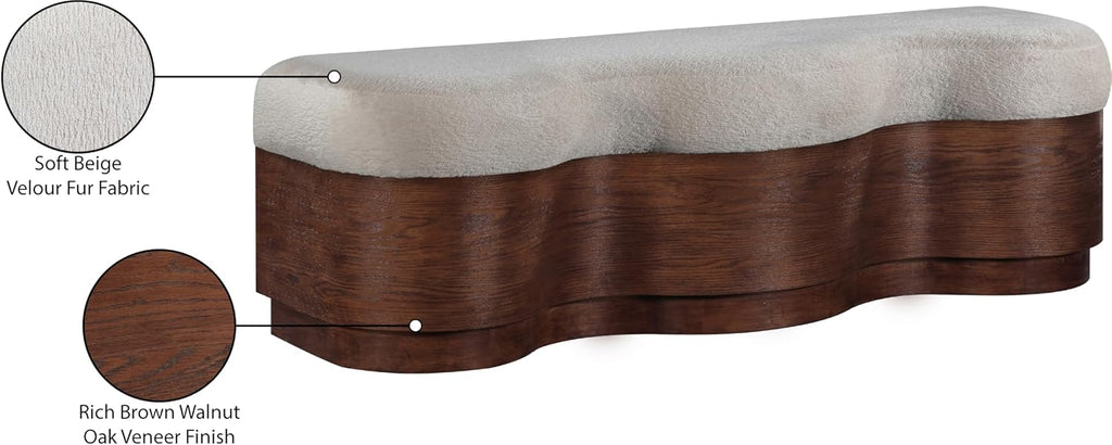 Meridian Furniture 22082Beige Savoy Collection Art Deco Bench with Soft Beige Velour Fur Fabric, Rich Brown Walnut Finish, Mix of Solid Wood & MDF, 60' W x 18.5' D x 18.5' H, Beige