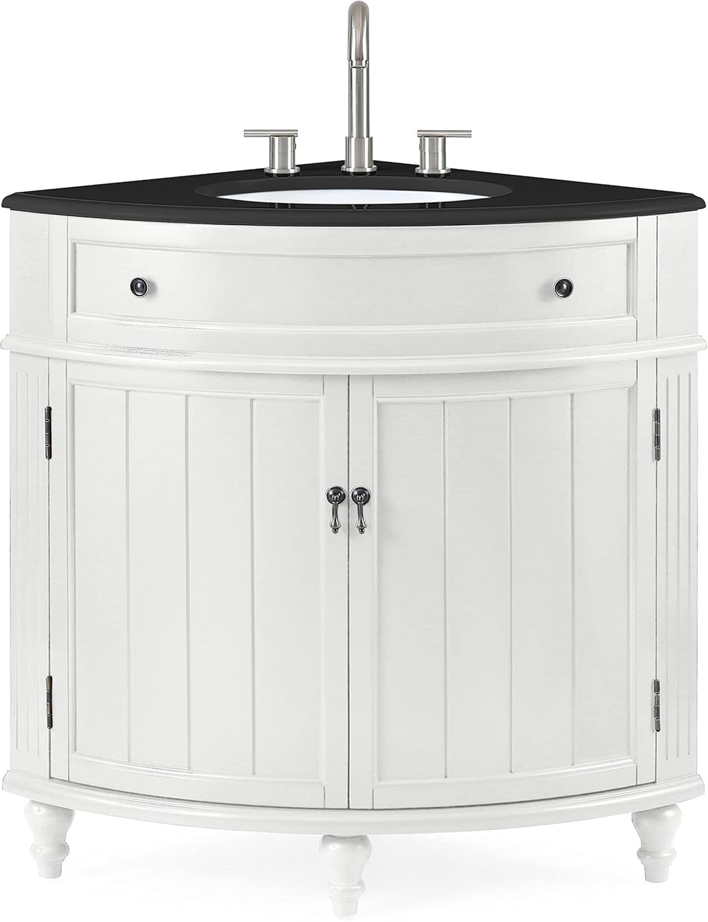 Tennant Brand 24-Inch Triadsville Free Standing Corner Bathroom Sink Vanity for Small Space, Fully Assembled, White Porcelain with Black Granite Top, White Cabinet