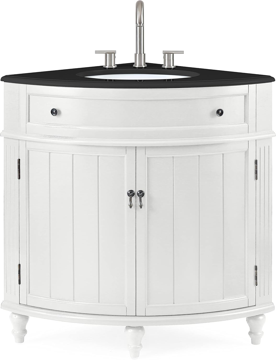 Tennant Brand 24-Inch Triadsville Free Standing Corner Bathroom Sink Vanity for Small Space, Fully Assembled, White Porcelain with Black Granite Top, White Cabinet