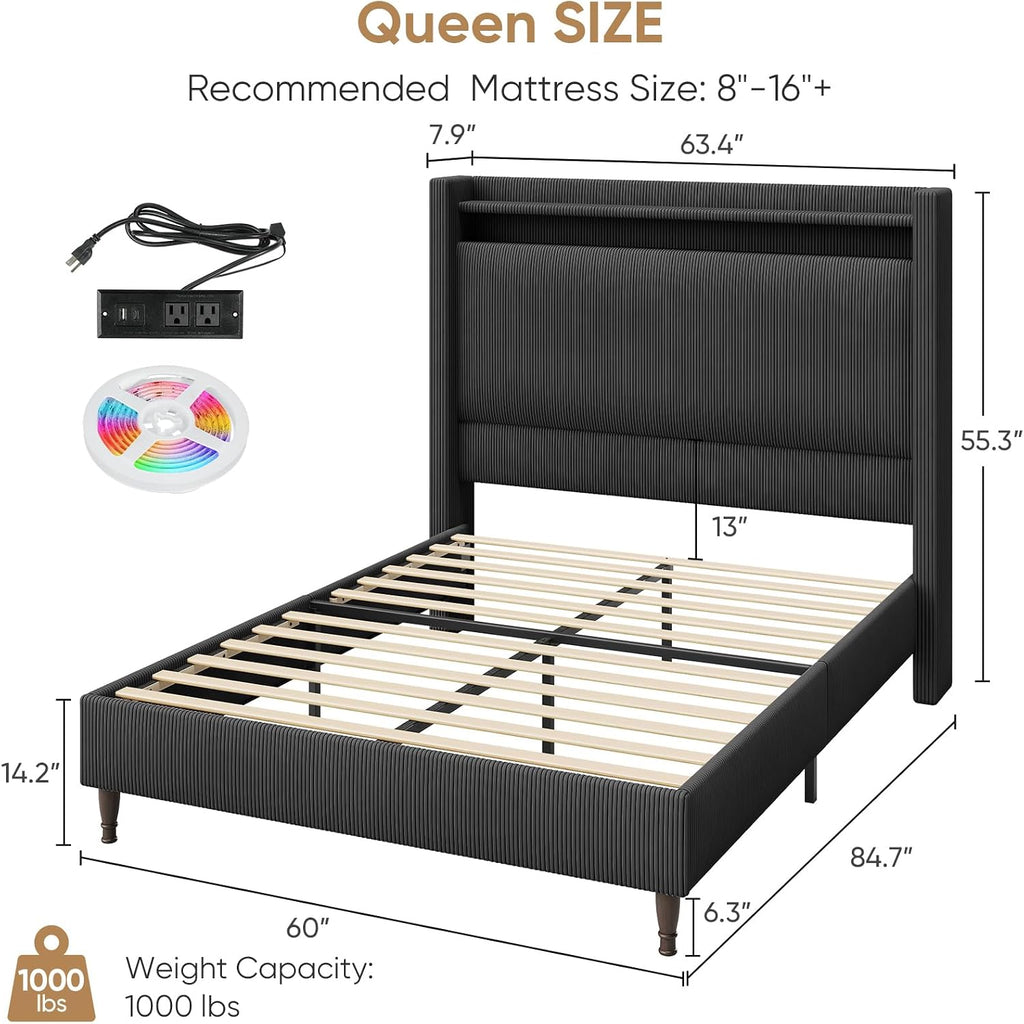 Queen Size Bed Frame with Tall Headboard, 55.3' Upholstered Platform Bed with LED Lights & Charging Station, Elegant Corduroy Bedframe, 2-tier Storage Wingback Headboard, No Box Spring Needed, Black