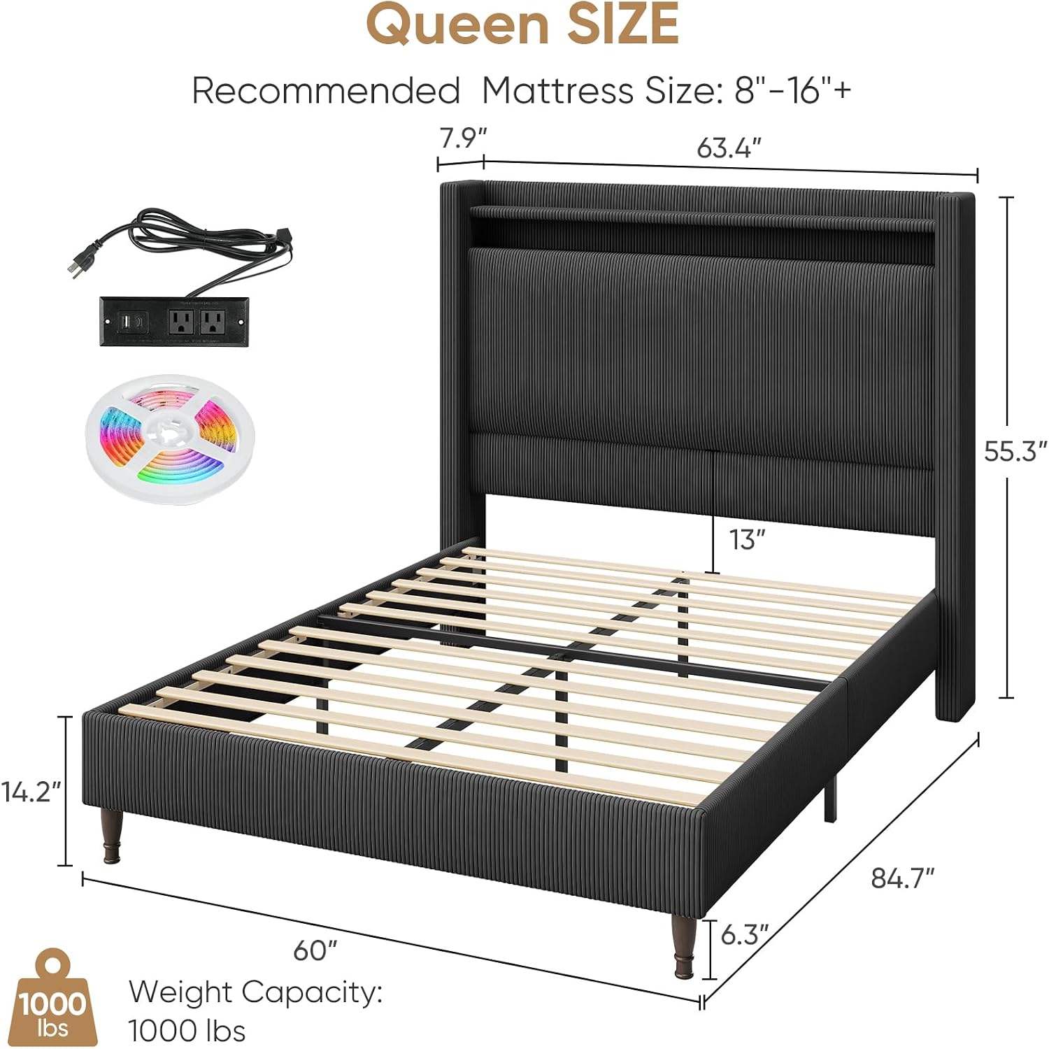 Queen Size Bed Frame with Tall Headboard, 55.3' Upholstered Platform Bed with LED Lights & Charging Station, Elegant Corduroy Bedframe, 2-tier Storage Wingback Headboard, No Box Spring Needed, Black