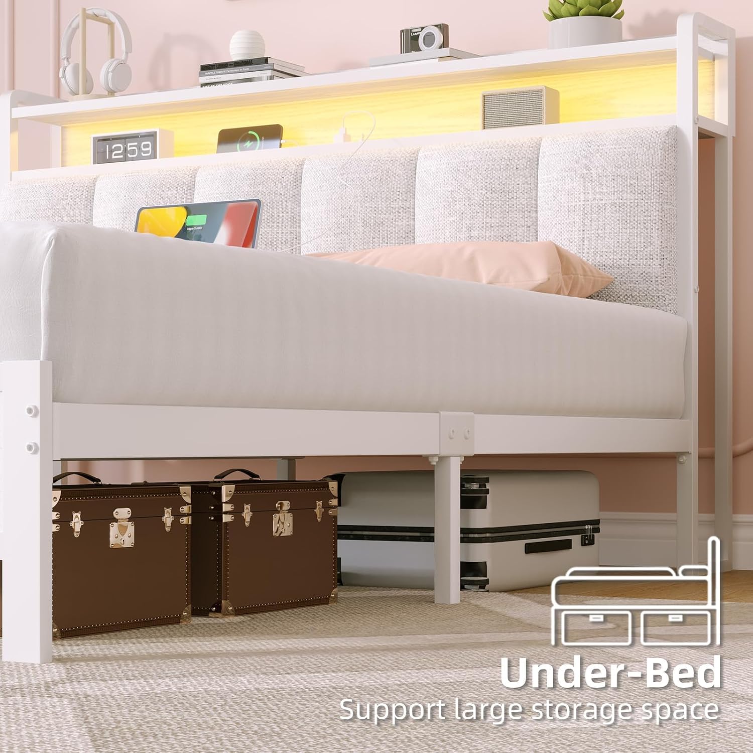 IMMERSTABLE Queen Bed Frames with LED Lights and Charging Station, Metal Platform Queen Size Bed Frame with Upholstered Storage Headboard, Heavy Duty Metal Slat Support, Easy Assembly, White