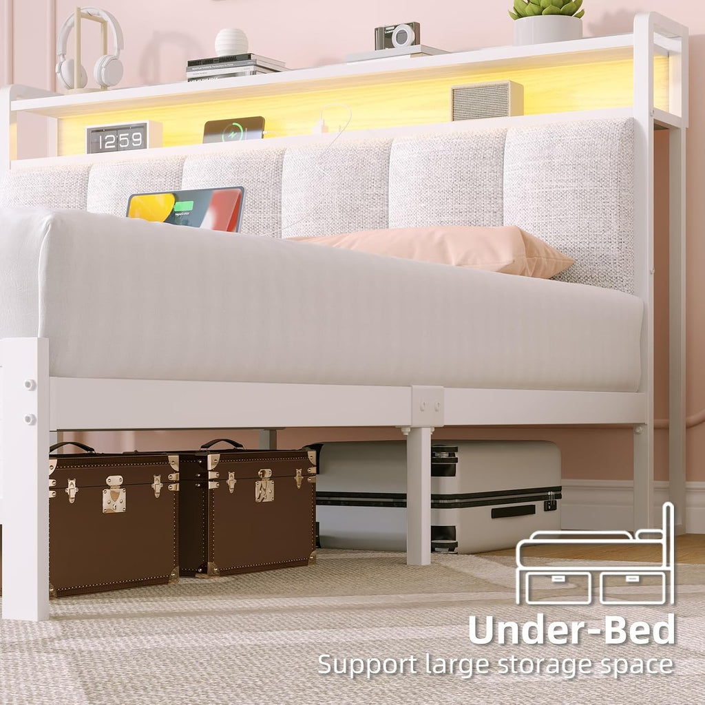 IMMERSTABLE Full Size Bed Frame with LED Lights and Charging Station, Upholstered Storage Headboard, Full Metal Platform Bed Frame with Metal Slats, No Box Spring Needed, Easy Assembly, White